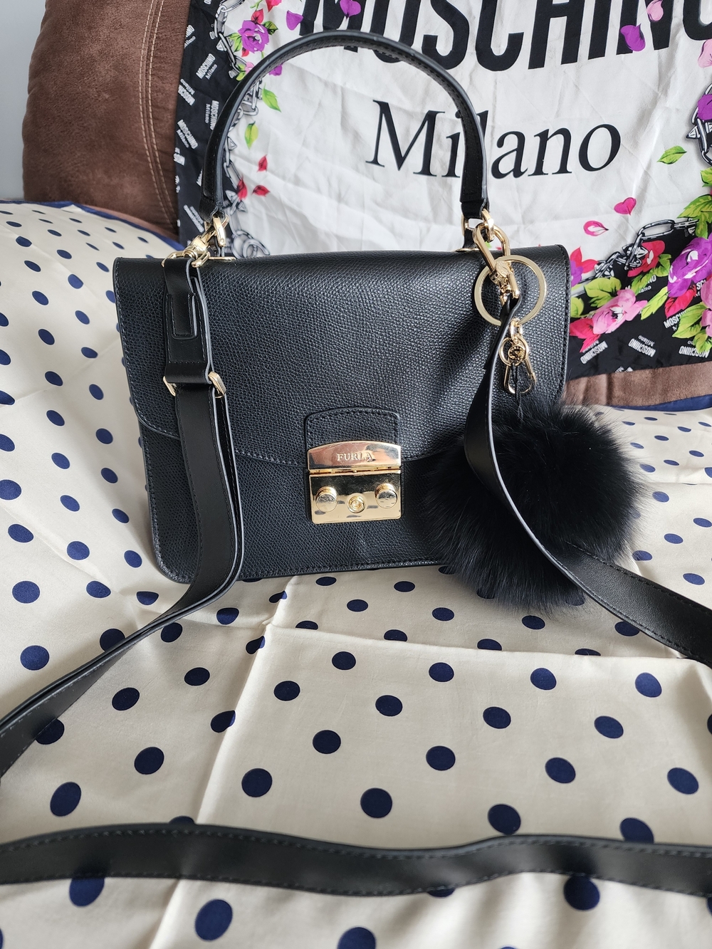 Furla Black Leather Top-Handle Satchel with Pom Charm
